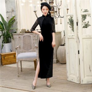Fashion Improvement Young Girl Velvet Lace Long Style with Medium Sleeves Cheongsam Qi Pao Spring Daily