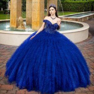 Blue Off Shoulder Princess Quinceanera Dresses Beads Tiered Tull Lace-up Prom vestido de 15 Sweet 16 Birthday XV Ball Gown
