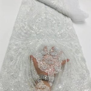 White Lace Fabric 2024 High Quality Luxury Handmade Beaded Lace Fabric 5 Yards High Quality 2024 Nigerian Wedding Dresses Q147-1