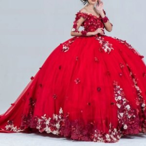 Red Princess Off The Shoulder Quinceanera Dresses Ball Gown 3D Flower Applique Tull Long Sleeved Sweet 16 Dress Vestidos De 15