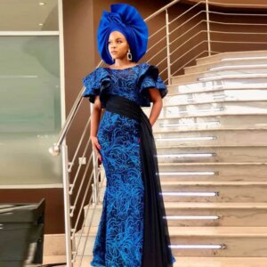 Short Sleeves Sequined Lace African Women Mermaid Prom Dress Side Train Aso Ebi Party Gowns Royal Blue Evenign Dresses
