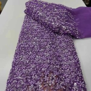 2025 New African French Nigerian High End Lace Fabric With Beads Sequins Mesh for Embroidery Wedding Party Bride Sewing Dress