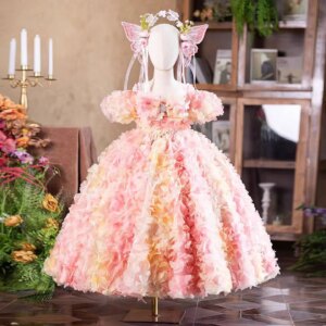Dreamy Vow Gorgeous Flower-adorned Pink Girl Dress With Headdress for Kids Eid al-Fitr Wedding Birthday Party Ball Gown J289