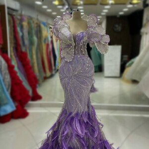 Special Design Lilac Purple Feathers Long Mermaid Evening Dresses Dubai Crystals Stunning Events Party Gowns Maxi Vestidos Women