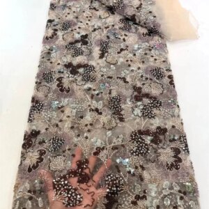 African Gold Lace Fabric 2025 High Quality Nigerian Lace Beads Sequins French Net Fabric 5 Yards For Sewing Party Wedding W597-1