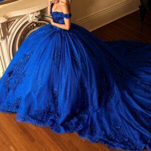 Royal Blue Shiny Quinceanera Dresses Ball Gown Off The Shoulder Applique Lace Beads Corset Tull Party Birthday Sweet 16 Vestidos
