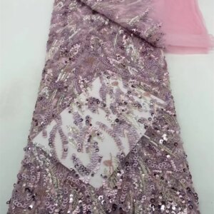 Pink Lace Fabric Nigerian Wedding Luxury Beaded Lace High Quality Fabric 2025 African Embroidered Fabrics 5Yards Nigerian A861-1