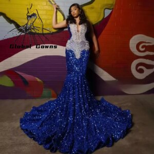 Sparkly Royal Bliue Prom Dress 2025 Beads Crystal Rhinestones Party Dress Birthday Wedding Reception Robe De Bal Customized