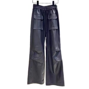 Latest Design Popular Mid Waist Loose Black Straight Genuine Leather Pants for Women