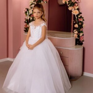 Tulle Long Girl Dresses with Bow Junior Bridesmaid Baby Princess Dress Lace Flower Girl Dress for Weddings Holy Communion Dress