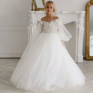 Flower Girl Dresses Birthday Party First Communion Gowns White Tulle Puffy Flower Pattern With Bow Long Sleeve For Wedding