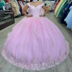 Pink Shiny Princess Quinceanera Dresses Sequin Appliques Lace Beads Ball Gown Birthday Gown Sweetheart Lace-Up Sweet 16 Dress