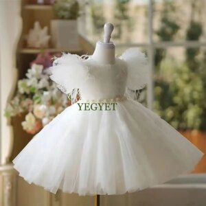 CustomizedElegant White Feathers Flower Girl Dress Puffy Sleeve Kids Princess Birthday Wedding Party Children Holiday Gown