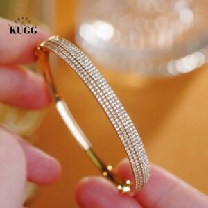KUGG 100% 18K Yellow Gold Bangle Luxury Vintage Style 1.6carat Real Natural Diamond Bangle for Women Shiny High Party Jewelry
