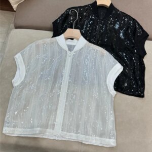Women’s Round Neck Sequin Silk Short Sleeve Zipper Cardigan Fashion Versatile