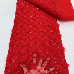 Red African 3D Mesh Lace Sequins African Lace Fabric High Quality 5 Yards Nigerian French Tulle Lace Fabric For Wedding W560-1