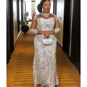 Arabic Aso Ebi Silver Lace Beaded Evening Dress Floor Length Sheer Neck Prom Dresses Mermaid Formal Party Second Reception Gowns