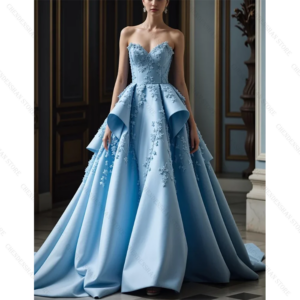 Blue Strapless Appliques Evening Dress Satin A-Line Lady Formal Prom Gown Robes De Soirée Customized Dresses