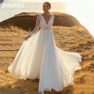 Classic A Line Chiffon Wedding Dress Glamorous Long Sleeves lace Bride Dress Boho Wedding Gown Vestidos De Novia