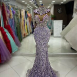 Gorgeous Lilac Pearls Evening Dresses Cap Sleeves Beading Formal Celebrity Dress Tassel Elegant Prom Party Gowns Robe De Soiree