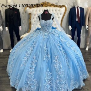 EVLAST Customized Mexico Blue Quinceanera Dress Ball Gown 3D Floral Lace Applique Beaded Bow Sweet 16 Vestido De 15 Anos TQD507