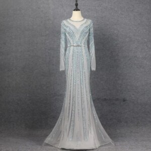 Luxury Dubai Blue Mermaid Evening Dress With Belt Long Sleeves Beaded Floor Length Arabic Women Wedding Formal Party Gowns