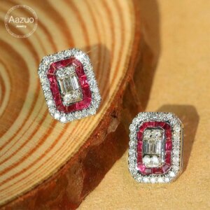 Aazuo 100% 18K Solid White Gold Natural Ruby Real Diamonds Luxury Square Stud Earrings Gifted For Women Engagement Wedding Party