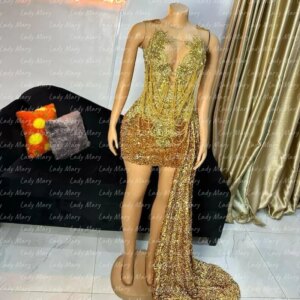Customized Glitter Gold Girl Prom Dresses Crystal Beads Mermaid Sexy Formal Evening Gowns Rich Black Girl Birthday Party Robe