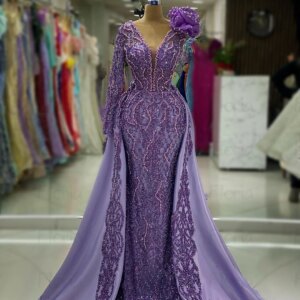 2 in 1 Purple Evening Dress With Detachable Trail Long Sleeve Formal Celebrity Dresses Deep V Neck Pearls Customized De Noche