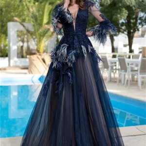 Elegant Feather Dress 2024 Sexy Long Sleeve A-Line Evening Dresses Charming Deep V-Neck Floor-length Gowns Vestidos De Novia