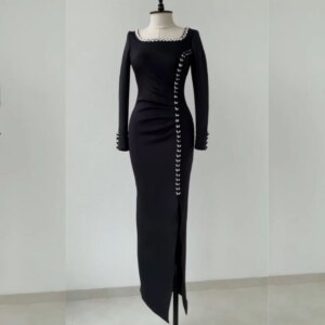 Customized Jersey Button Rhinestone Sheath Square Neck Long Dresses Bespoke Occasion Classic Retro Formal