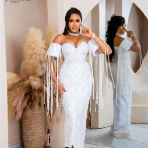 Elegant Major Pearls Beaded Dubai Mermaid Evening Dress Ivory Off Shoulder Tassels Aso Ebi Woman Prom Party Dress Robe De Soiree