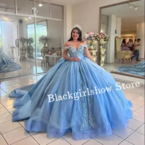 Sparkling Sky Blue vestidos de 15 años Gorgeous Off Shoulder Diamond Inlay Lace Embellished 15 Prom Dress Cathedral Train Custom