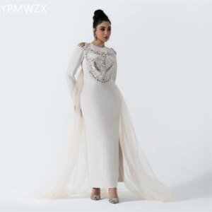 Customized Evening Dress Formal Party Occasion YPMWZX Scoop Neckline Column Floor Length Skirts Tulle Bead Bespoke Dre