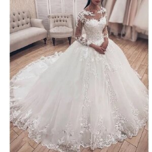 Princess Ball Gown Wedding Dress long sleeve bride dress o neck plus size robe de mariee Lace beading Wedding Bridal Gown