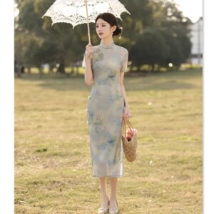 Old Shanghai Retro National Style Long Short Sleeve Robe Qi Pao Spring and Summer New Young Lady Daily Cheongsam Skirt