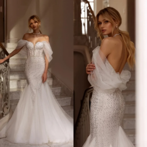Customized Sexy Mermaid Crystal Bridal Dress Sweetheart Neck Off Shoulder Sequin Train Backless Sweep Ladies Wedding Dress 2025