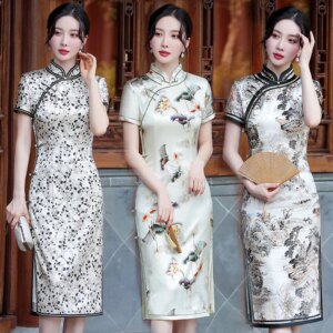 High Quality Real Silk Cheongsam Qipao Women’s 2024 New Summer Daily Chinese Oblique Placket Vintage Dress
