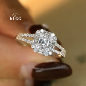 KUGG 100% 18K White Gold Rings Fashion Square Design 0.48carat Real Natural Diamond Engagement Ring for Women Party Jewelry
