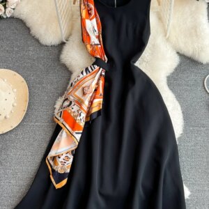 Summer light mature style retro temperament sleeveless round neck waist thin sleeveless a-word dress elegant long dress