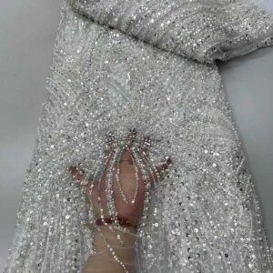 African Beaded Lace Fabric French Tulle Lace 2025 High Quality Lace French Sequins Beads Fabric For Women Wedding Party Dress