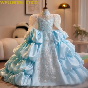 Blue Flower Girl Dresses For Wedding Appliques Gorgeous Child Formal Events Evening Party Gown Luxury Princess Birthday Dress