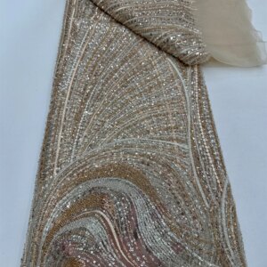 Luxury Hand Beaded Lace Fabric Bridal Fabric High-end Wedding Fabrics French Nigerian Sequins Beads Embroidered on gOLD 5 Yards