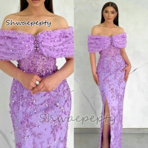 Elegant Off Shoulder Evening Dresses Side Slit Pearls Sequins Beaded Glitter Formal Prom Gowns Bride Reception Dress Customized