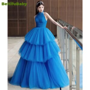 Princess Style Women’s Evening Dresses Customized Off The Shoulder Halter Sleeveless Gauze Tiered Skirts Banquet Gown Vestidos