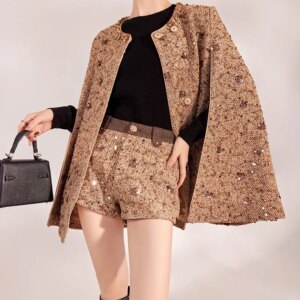 New heavy sequin neckline beaded design floral coat cape lady