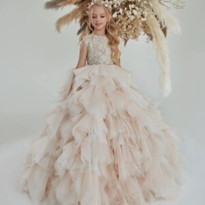 Champagne Flower Girl Dresses For Weddings Ball Gown Tulle Ruffles Beaded Long First Communion Dresses Little Girl Customized
