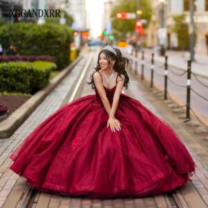 Elegant Burgundy Quinceanera Dress 2024 Ball Gown Spaghetti Corset Flower Pageant Sweet 15 Party Vestidos De XV Años Miss