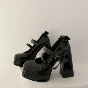 Thick Heel French Waterproof Platform Shoe Women’s Small Fashionable Spicy Bowknot High Heels Black Shoes Double-breasted Shoes