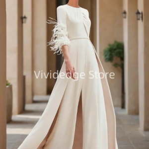 Customized Jumpsuit Mother of the Bride Wedding Guest Dress Elegant Jeweled Neck Ankle Stretch Fabric Half Sleeve Feather